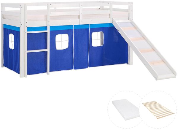 Hochbett mit Matratze 90x200 cm Rutsche Stockbett Kinderbett Leiter Holz Kiefer Vorhang blau Lattenrost