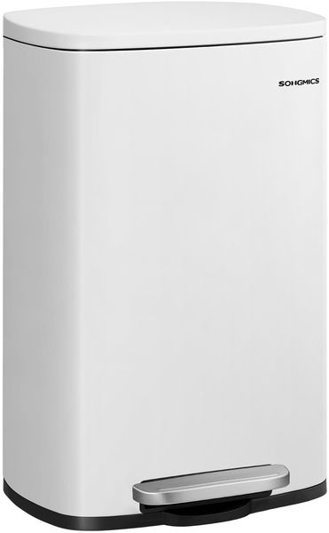 SONGMICS Mülleimer Küche, 50 Liter, Abfalleimer, Treteimer, mit Deckel, Softclose, Fußpedal, Stahl, Inneneimer, weiß LTB101W01