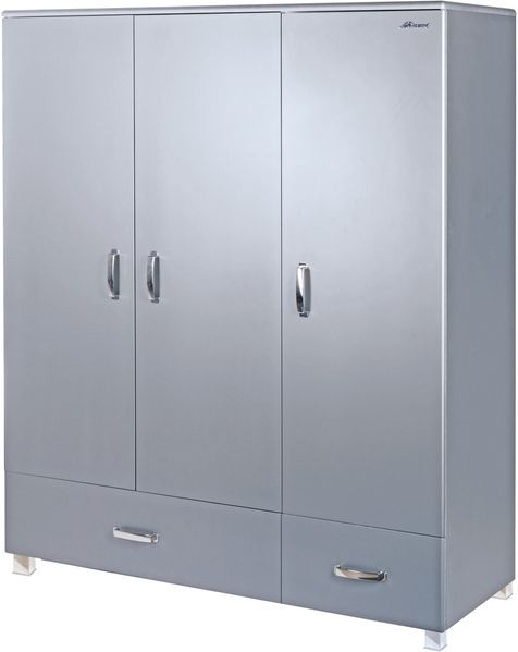 Miami - Kleiderschrank 3türig mit 2 Schubladen, inkl Kleiderstange und 4 Böden, Soft-Close, Autometallic Lackierung, chromfarbene Griffe, Füsse und Logo aus hochwertigem Autoschriftzug, grau