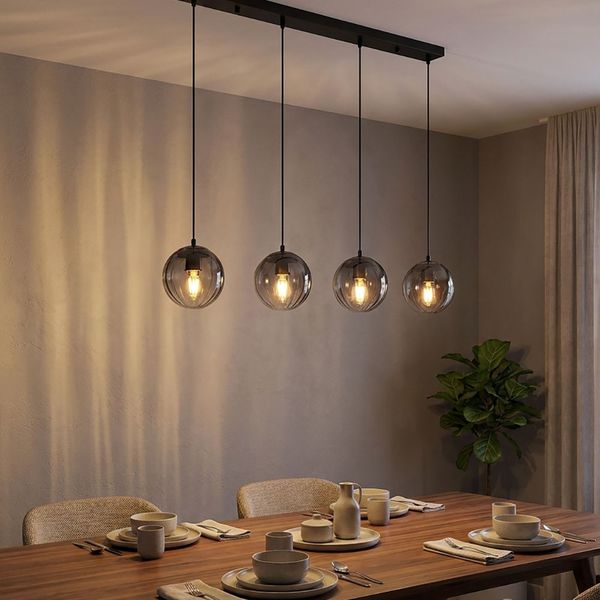 Pendelleuchte, Metall, Schwarz-matt, Glas Rauchfarbe, 4-Flammig