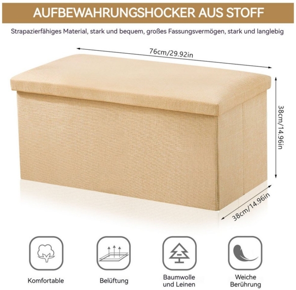 BlingBin Sitzhocker Bettbank mit Stauraum Sitzbank Faltbar Truhen Sitztruhe Fußbank (1 Stück, 1 St, 1er Set), Gepolsterte Sitzfläche aus Leinen, 76x37,5x38 cm Bild 2