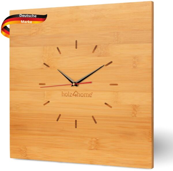 Wanduhr groß Holz [BAMBUS] - 50x50cm, Quadratisch, Geräuschlos | Wohnzimmeruhr Holz-Metalloptik Küchenuhr Dekouhr