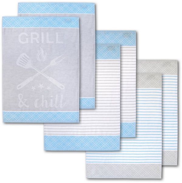 Dyckhoff Geschirrtuch Grill & Chill, mit 3 verschiedenen Motiven, Maße je Tuch ca. 50x70 cm, (Set, 6-tlg), aus 100% Baumwolle, mit Grillbesteck-Motiv und Schriftzug