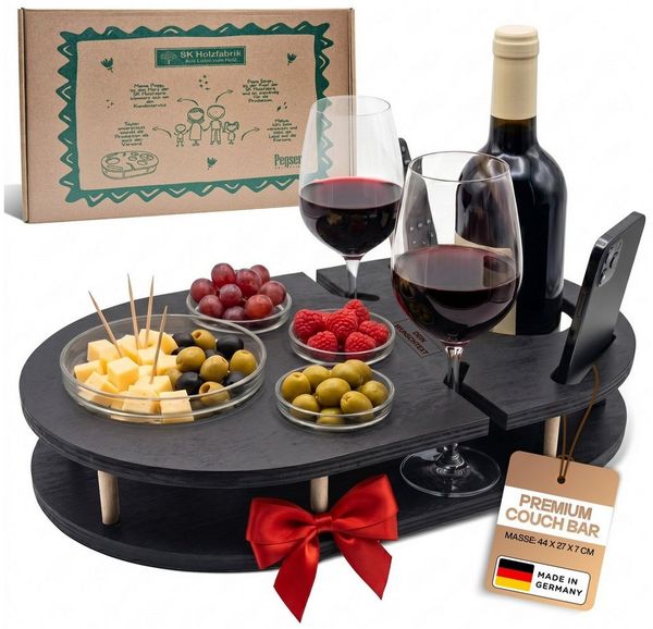 PEGSEN Servier-Set Weinbar Couchbar mit 4 Glasschalen, Birkenholz, Weingläser & Snacks stehen stabil und sicher