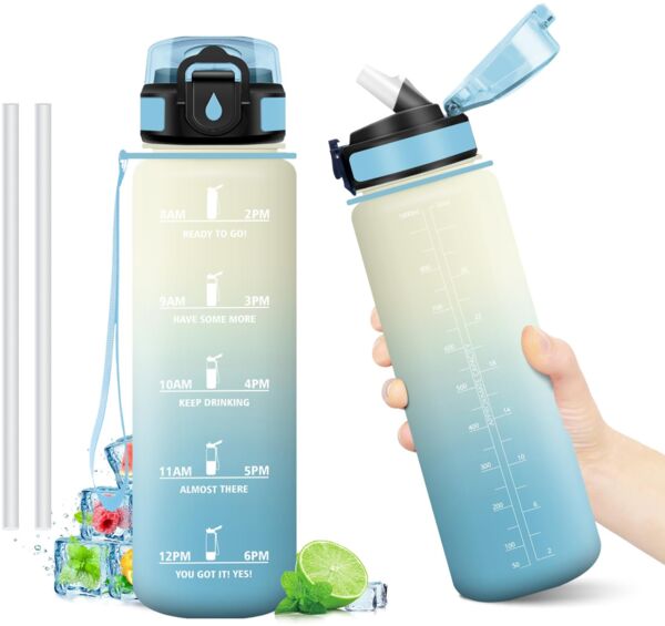 Trinkflasche Sport 1L, Wasserflasche Kohlensäure Geeignet, Sportflasche mit Strohhalm, Auslaufsicher, Motivierende Trinkflasche mit Zeitmarkierung, Perfekt für Laufen, Camping, Radfahren, Wandern
