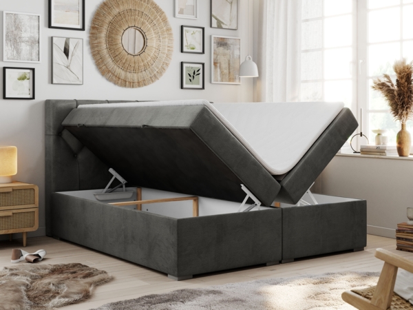 Boxspringbett, Bett, Polsterbett, zwei Bettkästen - ALDA - 200x200cm - Dunkelgrau Velours - H4 Bild 2