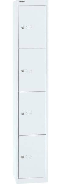 Bisley Garderobenschrank Office mit Schloss aus Stahlblech, 4 Fächer - Spind abschließbar für Sportzeug, Kleidung & Co. - Tiefe: 45,7 cm - Farbe: verkehrsweiß, CLK184-696
