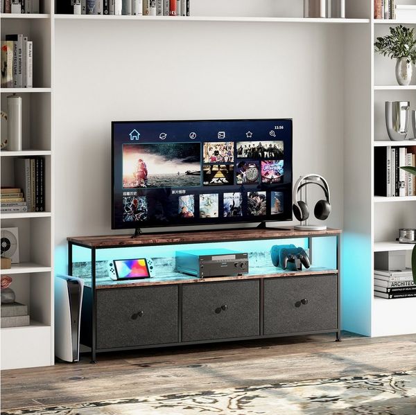 Simurq Lowboard TV-Schrank,Fernsehtisch mit 3 Schubladen,offenen Fächern, Wohnzimmer, RGB-LED-Beleuchtung, 3 Schubladen, Stauraum, 40-50-Zoll-Fernseher