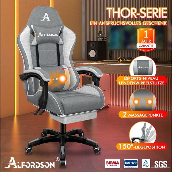 ALFORDSON Bürostuhl Gaming-Stuhl, Massage-Gaming-Stuhl, Ergonomischer Gamer-Stuhl, mit Fußstütze, Kopfstütze, Massage-Lendenkissen, Gepolstert, Hellgrau