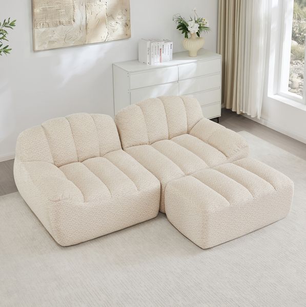 Ecksofa modular, 79cm×210cm×165cm, 2-Sitzer mit Ottoman – frameloses Wohnzimmer-Sofa aus granuliertem Fleece in Beige-Weiß