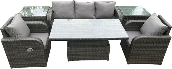 Fimous Rattan-Möbel-Garten-Dining-Sets Höhenverstellbarer aufsteigender Tisch-Sofa-Satz mit Stühlen-Beistelltischen