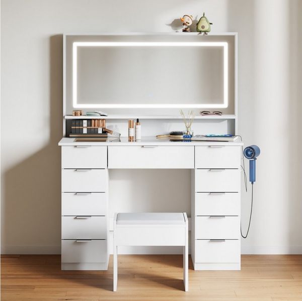 Mondeer Schminktisch Kosmetiktisch-Set(2-St) (mit Hocker & LED-Beleuchtung), Großer Spiegel, 11 Schubladen, Steckdosen und Glasplatte