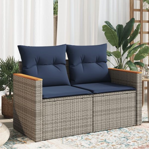 vidaXL Gartensofa mit Kissen 2-Sitzer Grau Poly Rattan 366159