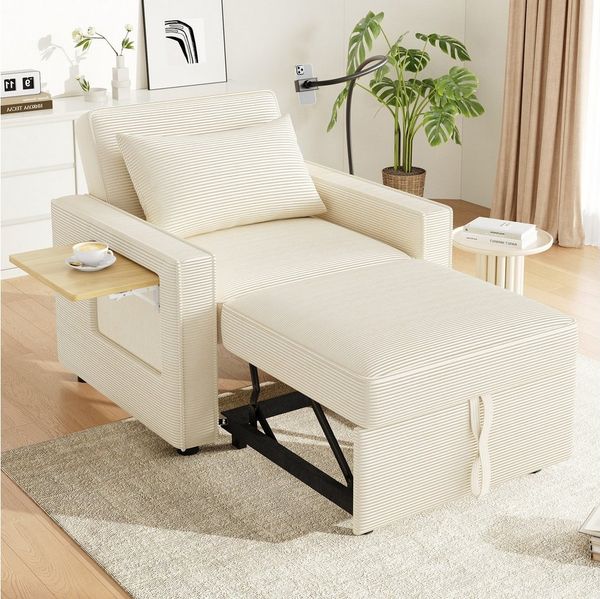 i@home Relaxsessel 1-Sitzer Sofa, faltbares Schlafsofa (platzsparend für Wohnzimmer und Schlafzimmer), mit USB-Ladeanschluss und Handyhalter, Grau/Beige