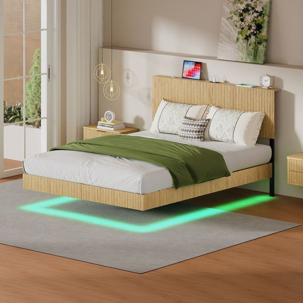 Modernes Bett mit Schwebedesign und genuteter Verkleidung, inklusive Kopfteil, ausgestattet mit stimmungsvollen LED-Leuchten und einem stabilen Rahmen aus verstärktem Flacheisen-140x200 cm – Hell Ei