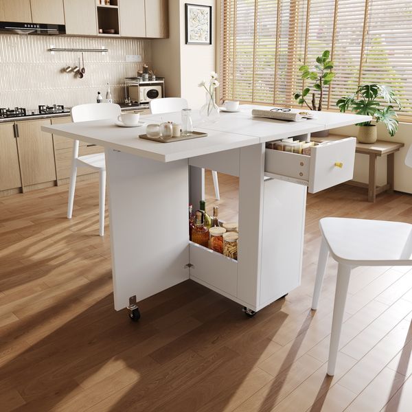 Klappbarer Esstisch (120 x 75 x 75 cm), mobile Küchenarbeitsfläche, für 2-4 Personen, mit offenem Stauraum, 2 Schubladen, bremsbaren Rollen, ideal für Küche, Wohnzimmer, Esszimmer, Weiß