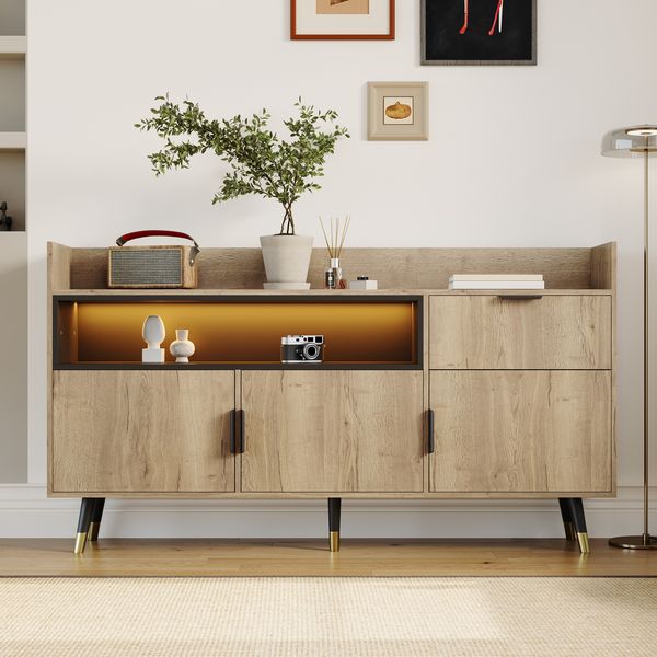 Sideboard, Holzwerkstoff mit LED-Regalbeleuchtung & Schublade, 160x35x82 cm, Natur