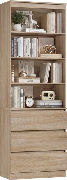 Homfa Bücherregal Hochschrank Standregal Bücherschrank Raumteiler, mit 4 Fächern und 3 Schubladen, 60x35x202cm