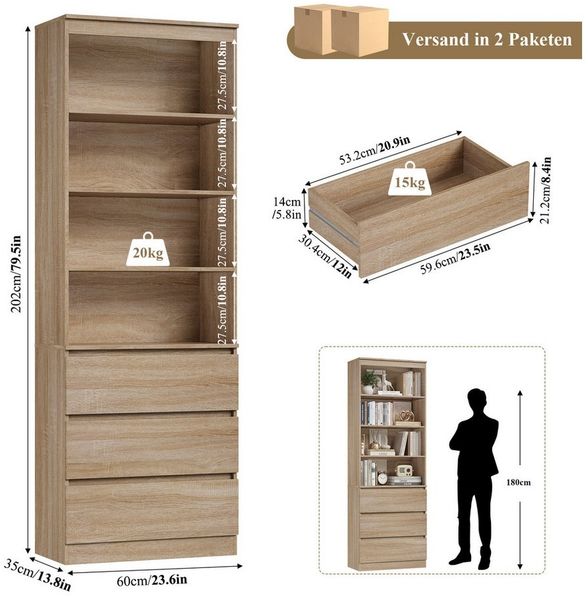Homfa Bücherregal Hochschrank Standregal Bücherschrank Raumteiler, mit 4 Fächern und 3 Schubladen, 60x35x202cm