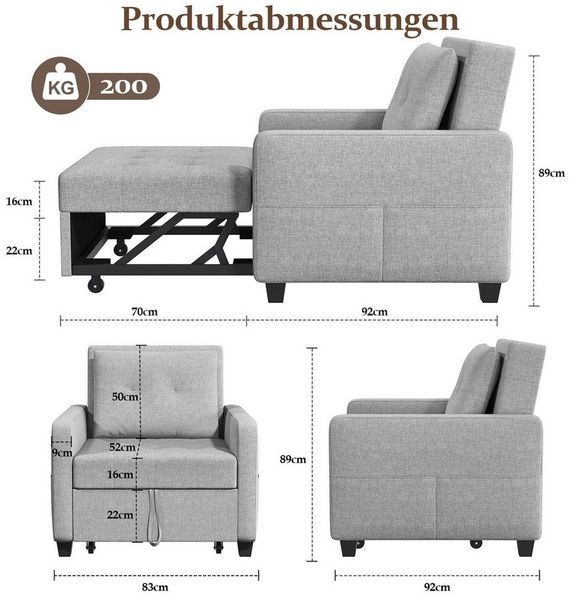 OUNUO Sofa Schlafsofa Klein 3 in 1, Klappsofa & Schlafhocker mit Bettfunktion