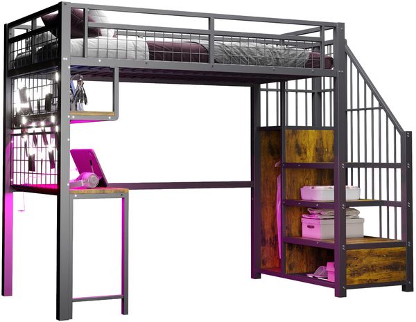 Metall-Hochbett 90x200 cm mit Schreibtisch, LED-Lichtleiste, Steckdosen und Stauraumleiter in Schwarz Bild 7