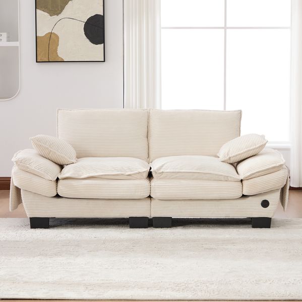 2-Sitzer Sofa aus Cord mit USB-C-Anschluss & Seitentaschen, 190x73x84 cm, Beige