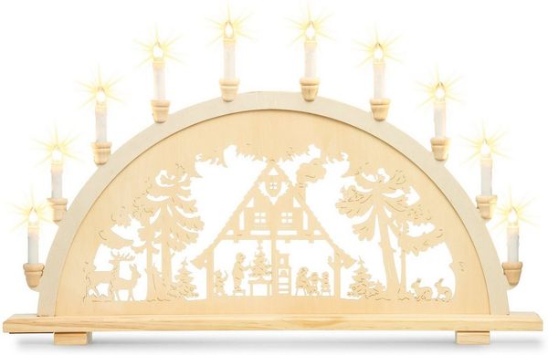 SIKORA Schwibbogen LB57-10 XL Lichterbogen Motiv Waldhaus mit 10 LED Kerzen B:71cm, Innen Deko mit LED Beleuchtung und klassischem Weihnachtsmotiv