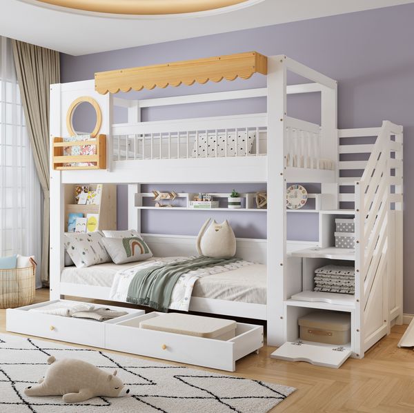 Etagenbett 90x200 cm mit Treppenschrank, Regalen und 2 Schubladen – Kinderbett aus Kiefer und MDF in Weiß/Natur