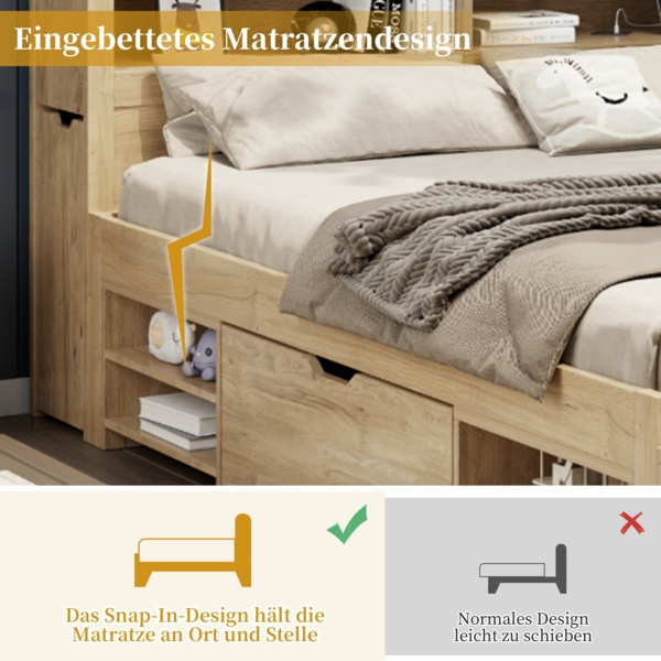 Merax Kinderbett 90 x 200 cm mit Schubladen, Bücherregal & Stauschrank, mit Lattenrost, ohne Matratze, Natur Bild 6