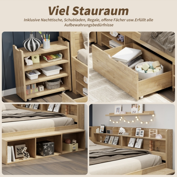 Merax Kinderbett 90 x 200 cm mit Schubladen, Bücherregal & Stauschrank, mit Lattenrost, ohne Matratze, Natur Bild 7