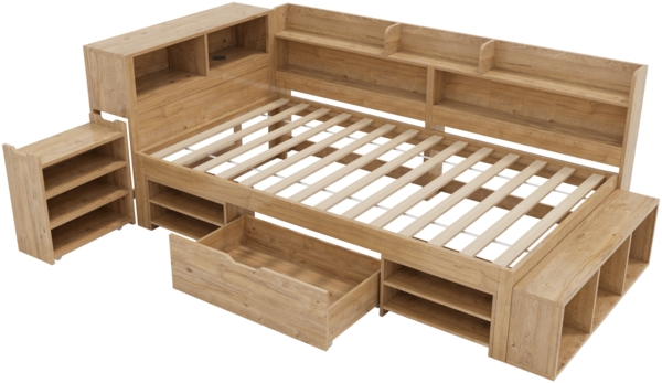 Merax Kinderbett 90 x 200 cm mit Schubladen, Bücherregal & Stauschrank, mit Lattenrost, ohne Matratze, Natur Bild 9