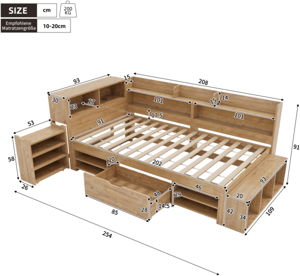 Merax Kinderbett 90 x 200 cm mit Schubladen, Bücherregal & Stauschrank, mit Lattenrost, ohne Matratze, Natur Bild 4