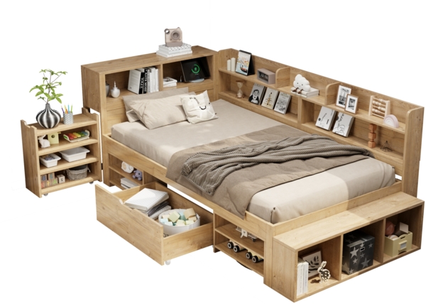 Merax Kinderbett 90 x 200 cm mit Schubladen, Bücherregal & Stauschrank, mit Lattenrost, ohne Matratze, Natur Bild 10
