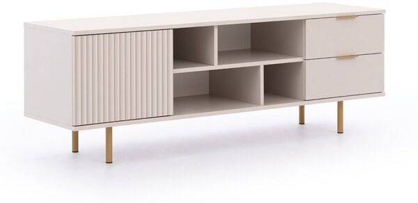 Lomadox Wohnzimmer-Set NADOR-132, (Mega-Spar-Set, 3-St, Lowboard Sideboard Vitrine), Kaschmir mit goldfarbenen Metallgriffen und -füßen, Front Rillenoptik
