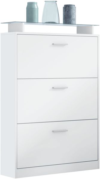 Vladon Schuhschrank Lavia, Schuhkipper für 24 Paar Schuhe mit 3 Klappen und Glasablage, Weiß matt/Weiß matt (89 x 128 x 23 cm)