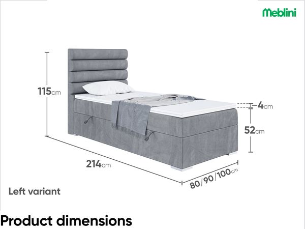 MEBLINI Boxspringbett KARIM 80x200 cm mit Bettkasten - H4/Grau Samt Gepolstert Einzelbett mit Topper & Taschenfederkern-Matratze - 80x200 Links Bild 7