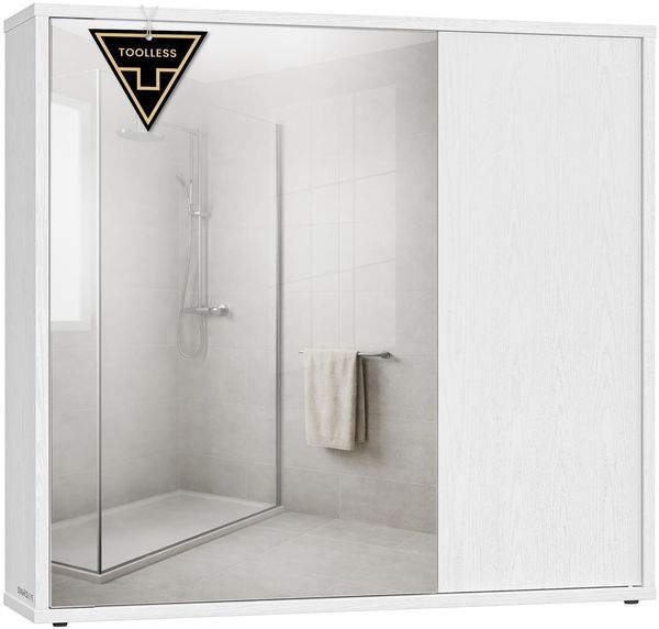 SONGMICS HOME Spiegelschrank, Badezimmerschrank, superschnelle werkzeuglose Montage, Toolless-Technologie, Badspiegel, verstellbare Ablagen, modern, 15 x 60 x 55 cm, schneeweiß BBC114WE01