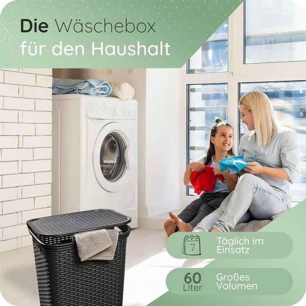 Novaliv Wäschekorb 31040-1x (1 St), Novaliv Rattan Wäschekorb mit Deckel 60L Schwarz, Wäschebox Wäscheeime
