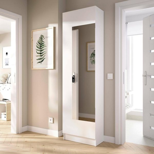 Dmora - Schuhregal Zevola, Platzsparendes Schuhregal für den Eingangsbereich, Schuhschrank mit 1 Spiegeltür, 50x27h186 cm, Weiß