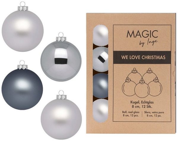 MAGIC by Inge Weihnachtsbaumkugel, Weihnachtskugeln Glas 8cm 12 Stück - Hazy Grey