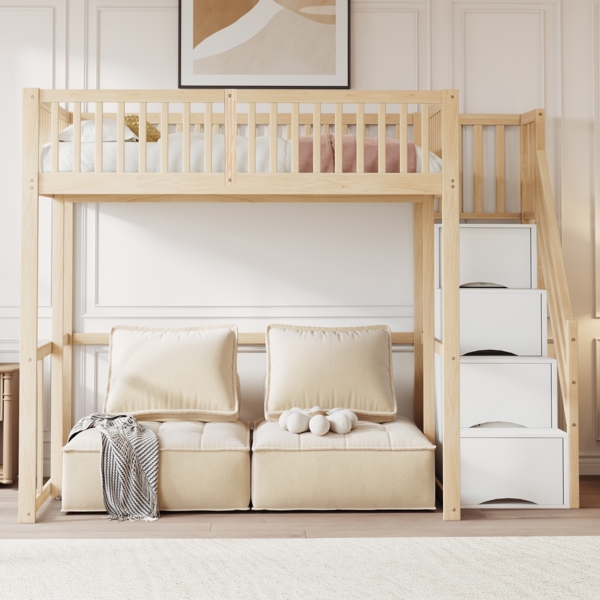 Merax Hochbett 140x200cm Kinderbett Jugendbett mit Sicherheitsaufbewahrungsleiter, Sicherheitsumrandung, Bettgestell aus massiver Kiefer, Holzfarbe