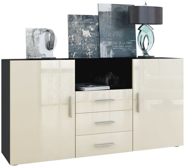 Vladon Sideboard Skadu, Kommode mit 2 Türen, 3 Schubladen und 1 offenem Fach, Schwarz matt/Creme Hochglanz (138,5 x 71,5 x 35 cm)