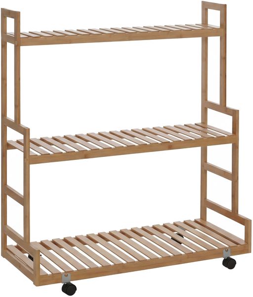 Bambus Pflanzenregal HWC-Q33, Blumentreppe Blumenständer Pflanzentreppe, 3 Ablagen Rollen 105x90x38cm ~ natur Bild 9