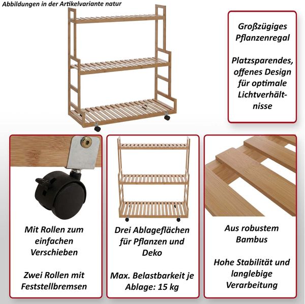 Bambus Pflanzenregal HWC-Q33, Blumentreppe Blumenständer Pflanzentreppe, 3 Ablagen Rollen 105x90x38cm ~ natur Bild 2