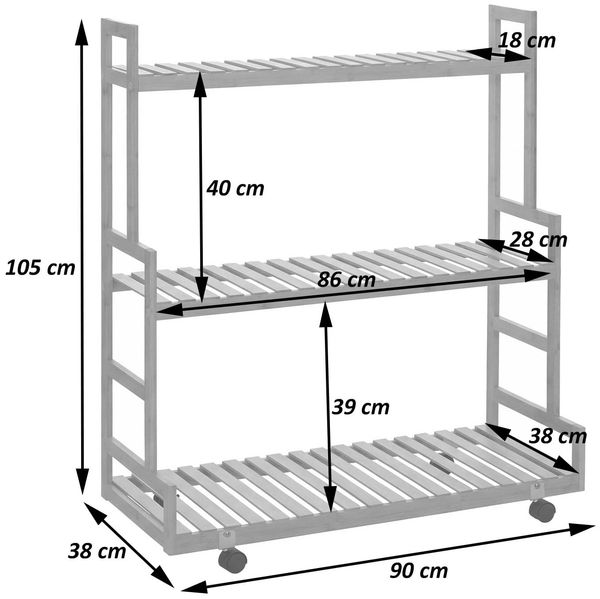 Bambus Pflanzenregal HWC-Q33, Blumentreppe Blumenständer Pflanzentreppe, 3 Ablagen Rollen 105x90x38cm ~ natur Bild 3