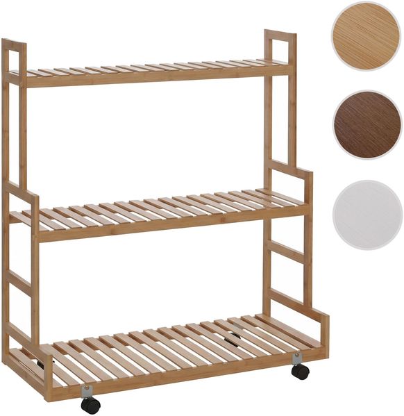 Bambus Pflanzenregal HWC-Q33, Blumentreppe Blumenständer Pflanzentreppe, 3 Ablagen Rollen 105x90x38cm ~ natur Bild 10
