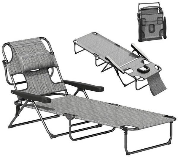 Outsunny Gartenliege klappbar mit Lesefenster, Kopfkissen, 4-Fach verstellbare Rückenlehne, Liegestuhl, 1 St, wetterfeste Sonnenliege, für Garten Strand Pool, Grau