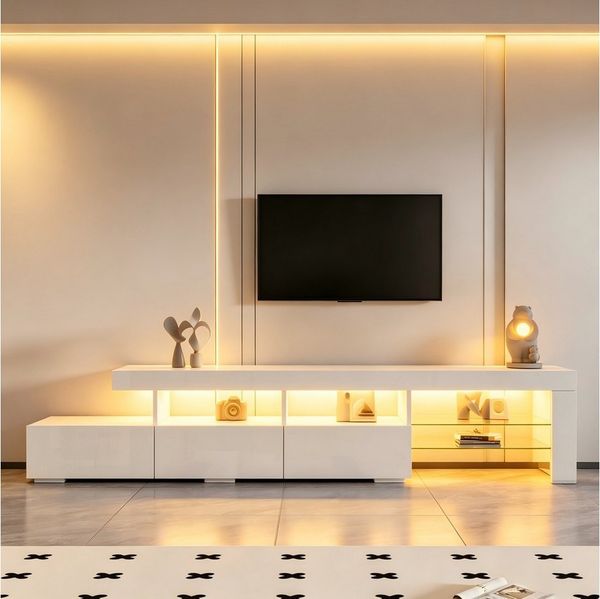BlingBin TV-Schrank Lowboard mit LED-Beleuchtung, Fernsehschrank - 180 x 35 x 45 cm (1er Set, 1-St, Belastbarkeit: 30kg, Geeignet für Fernseher bis 75 Zoll) Fernsehtisch mit 3 Schubladen & Hochglanzfront für Wohnzimmer, Weiß