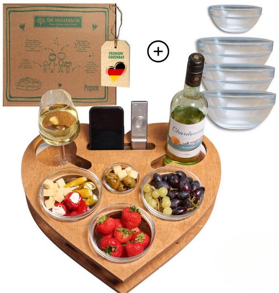 PEGSEN Servierplatte Couchbar Snackbox Herz mit 4 Snackschalen Sofa Tablett, Birkenholz, (lebensmittelechte Glasschalen), passend für Kaffeetassen, Weingläser & 0,5l Flaschen