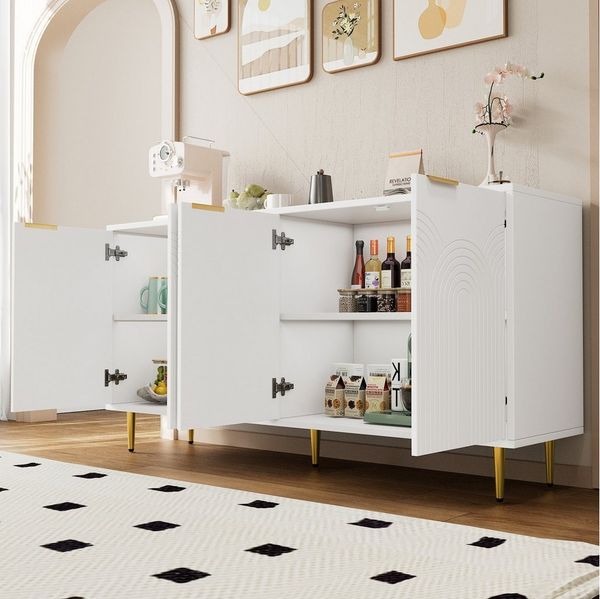 HAUSS SPOLE Sideboard wohnzimmerschrank weiß mit viel stauraum,Kommode mit Griffe (Elegantes Sideboard mit 4 Türen, Goldene Akzente & Soft-Close Funktion, Hochglänzende Tischbeine, 1 St)